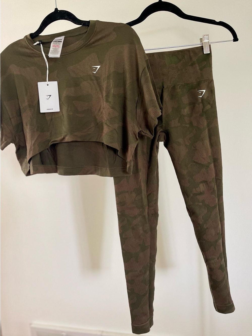 Gymshark Olive Green Camo Seamless Crop Top & Leggings Set